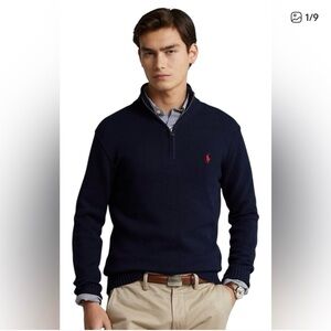 Ralph Lauren Men navy Blue 1/4 zip Sweater‎ size XL cotton signature logo preppy